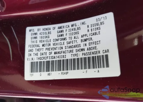 2013 Honda Accord Lx z USA, uszkodzony, nr VIN 1HGCR2F33DA140092